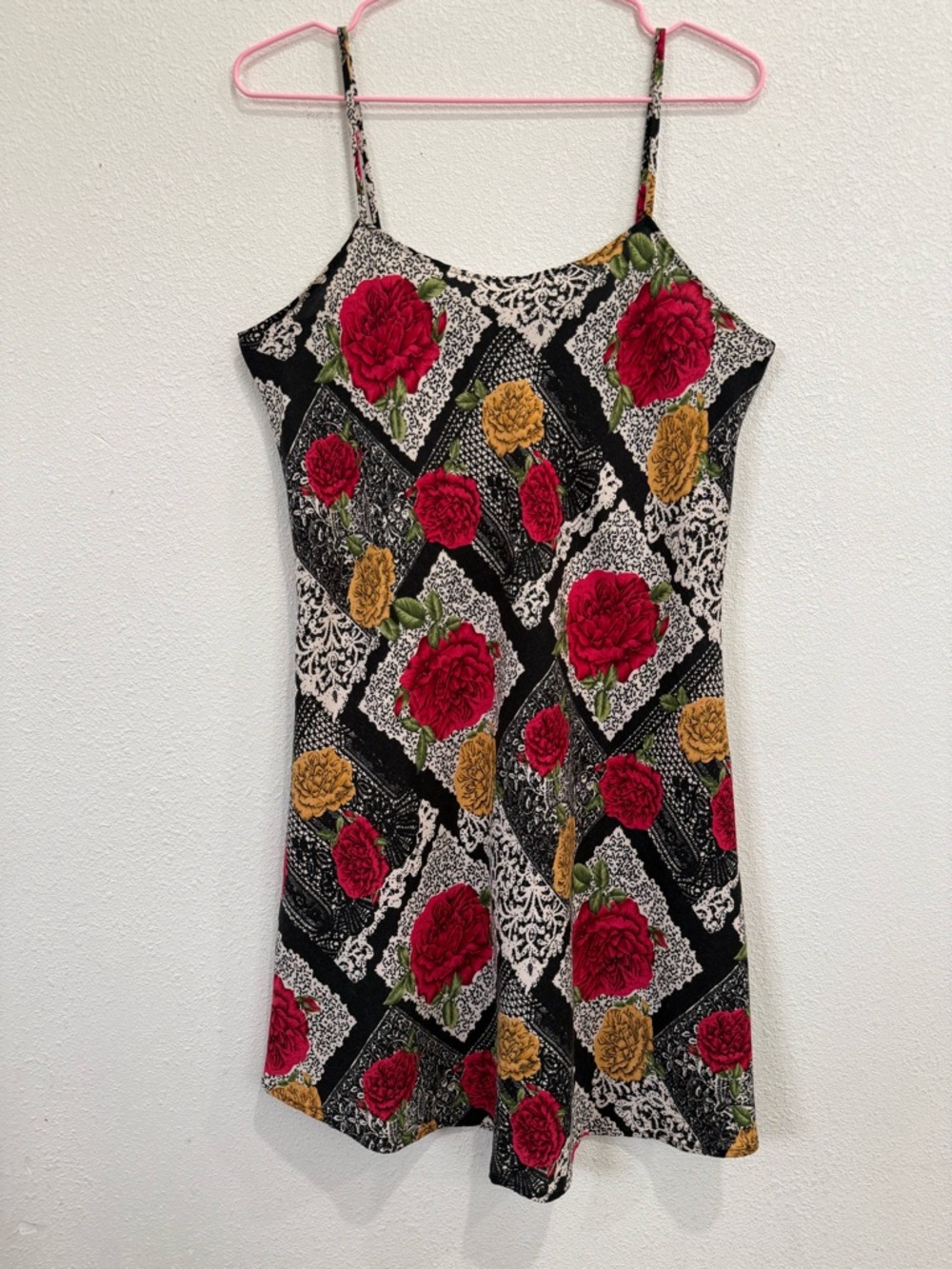 Floral Slip Mini Dress in Black and Pink - Women's Spaghetti Strap Dress - Picture 2 of 7